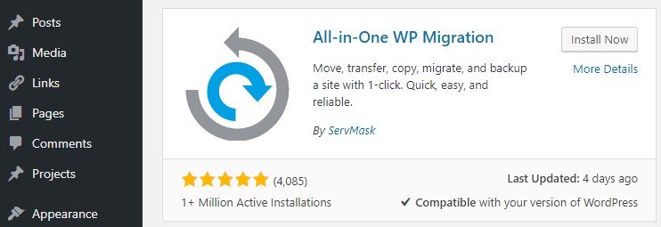 Installing the All-In-One WP Migration plugin.