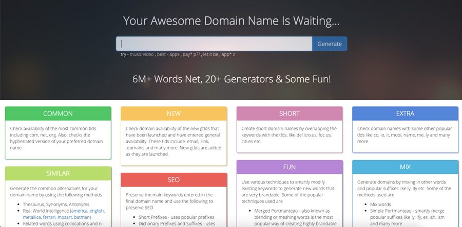 Screenshot of Name Mesh domain name generator 2018