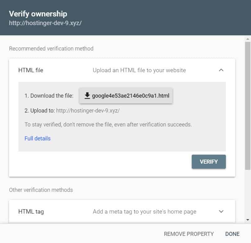 Google Search Console HTML verification