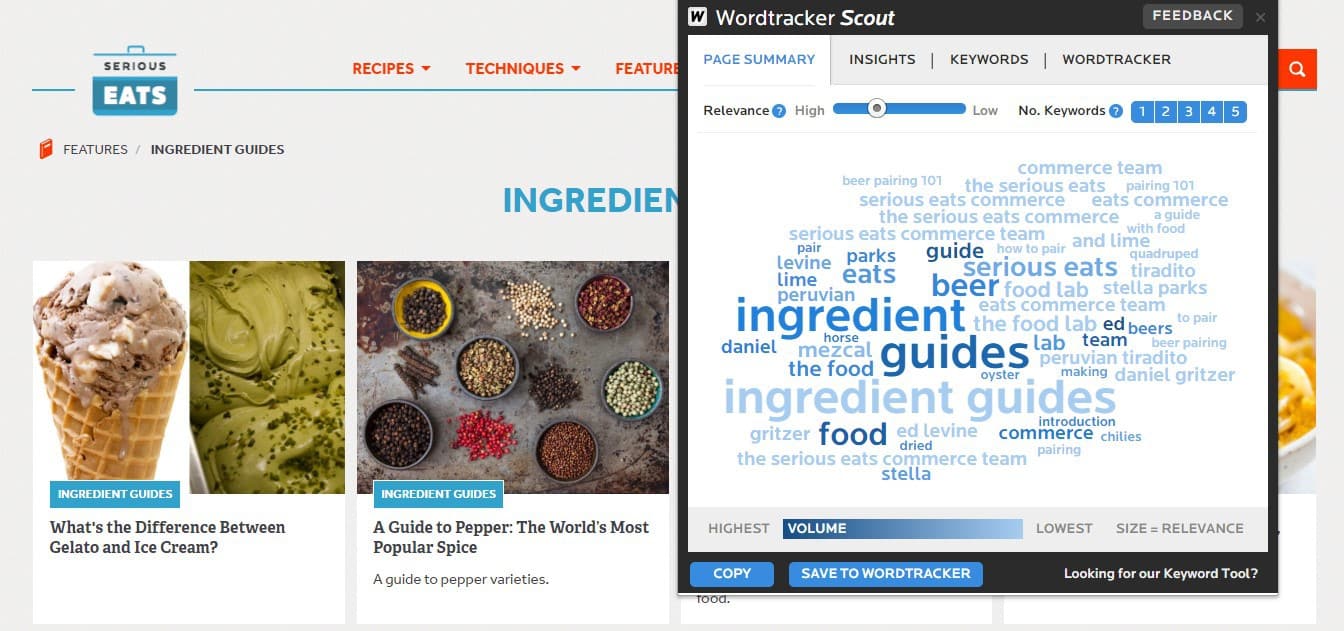 wordtracker scout keyword analysis results on serious eats