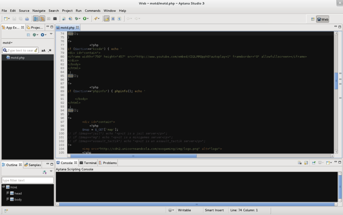 Screenshot of Aptana Studio 3 HTML editor 2018